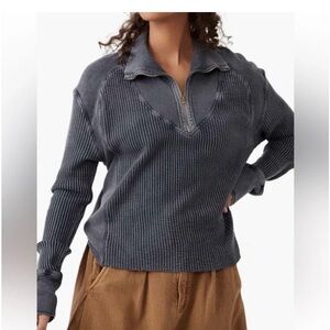 Free Peoe Charcoal Half-Zip Waffle Knit Sweater